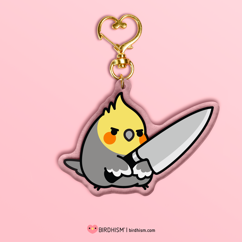 cute cockatiel with knife in battle pose