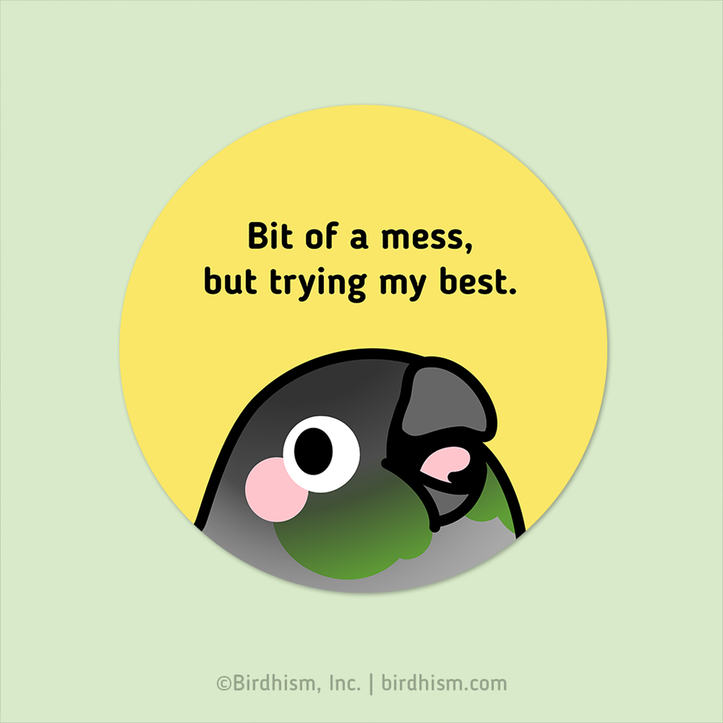 Cartoon character with a yellow circle and text on a light green background that says "Bit of a mess, but trying my best."