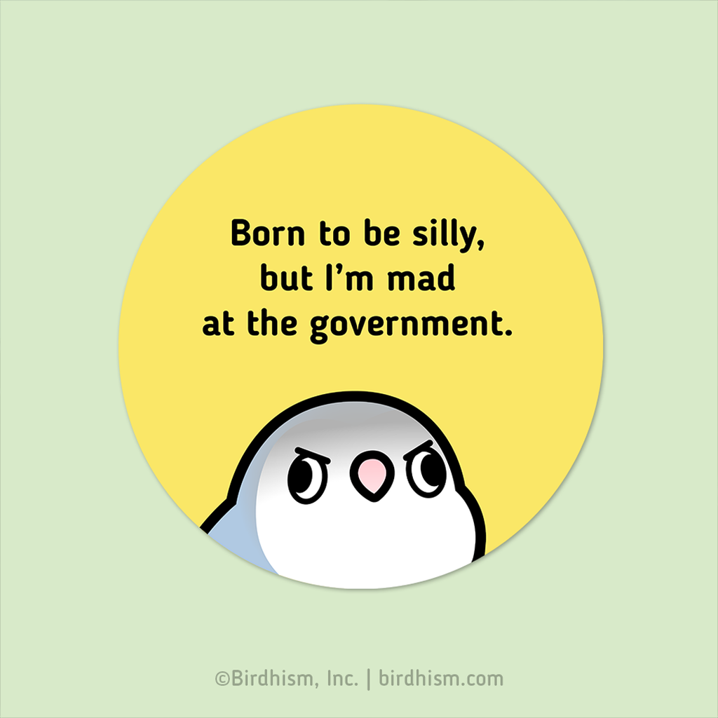 Cartoon Jester the lovebird with a yellow circle and text on a light green background that says "Born to be silly, but I'm mad at the government."