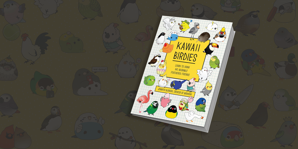 A book titled "Kawaii Birdies: Learn how to draw 80 Adorable Feathered Friends by Jennifer Budrock, creator of  Birdhism" Shows a variety of different stylized, colorful chubby birds