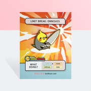 An enamel pin of a male cockatiel holding a knife in a battle pose